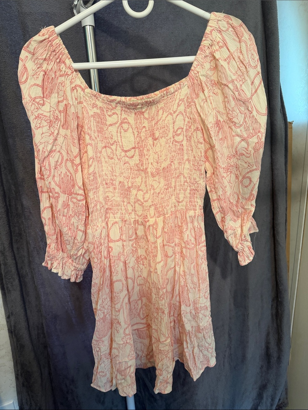 Smocked Off-Shoulder Mini Dress in Blush Print